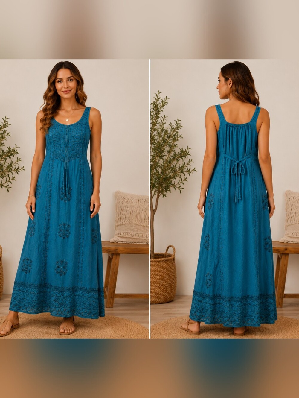 Advance Apparels Teal Embroidered Boho Maxi Dress Lace-Up Front Rayon S/M